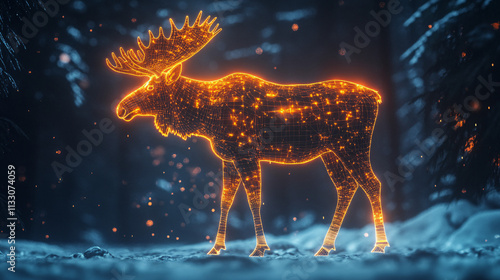 A digital satellite imagery icon with a glowing moose, symbolizing online wildlife tracking platforms monitoring habitat changes.   photo