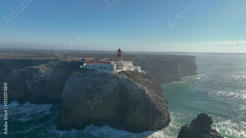 Aerial video of the Cabo de Sao Vicente fort and lighthouse. Algarve, Portugal