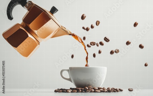 A levitating moka pot pouring fresh coffee into a floating cup, with a few coffee beans scattered on a white surface photo