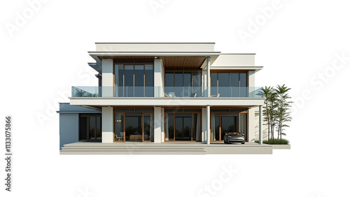 Modern Two-Story House with Large Windows and Deck