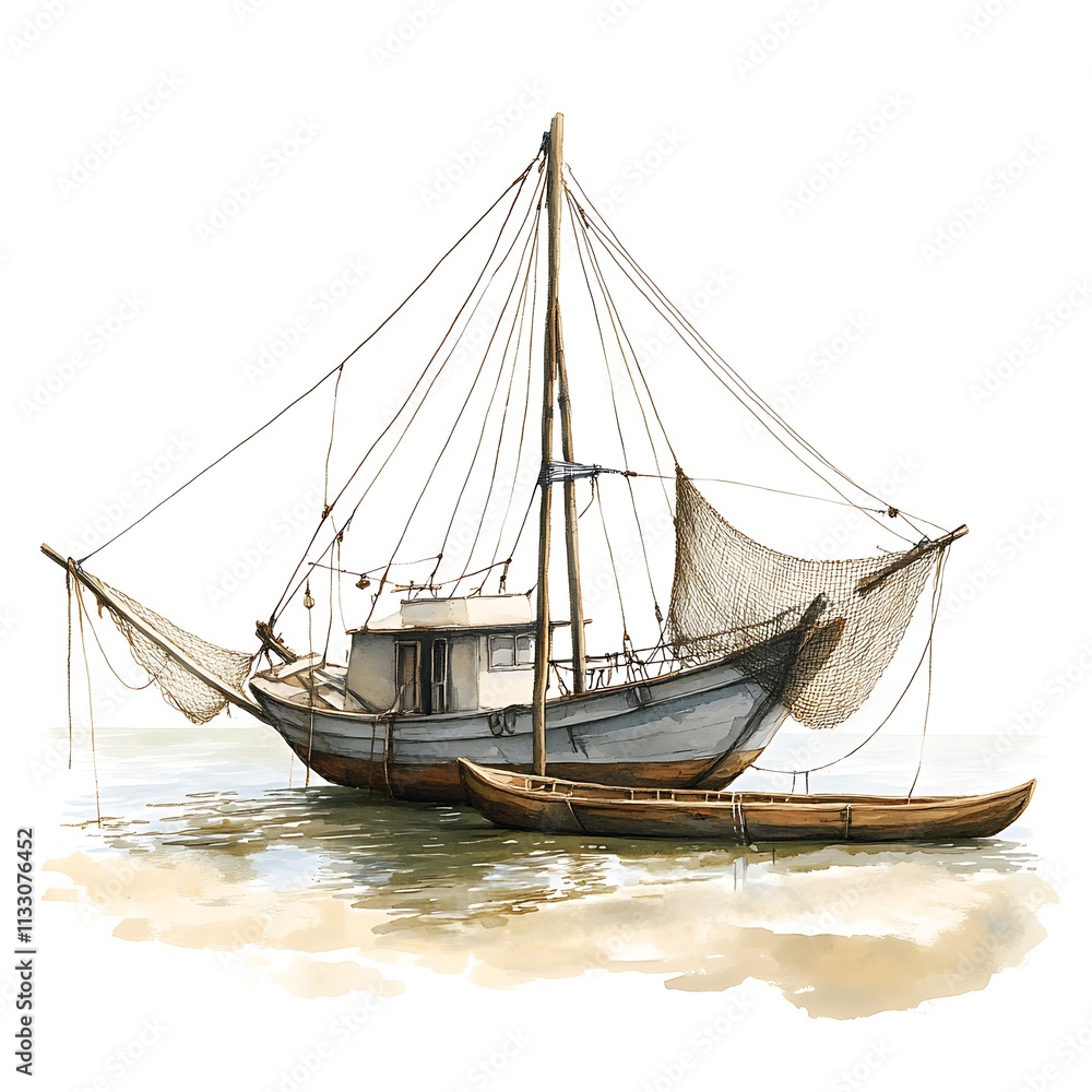 Obraz premium Watercolor painting of a weathered fishing boat at rest in shallow water with a smaller boat alongside.