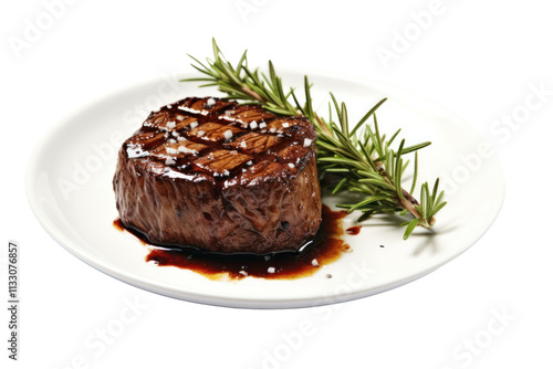 A sliced fillet steak arranged on a plate, revealing its tender interior, complemented by a drizzle of balsamic reduction and sprigs of rosemary. photo