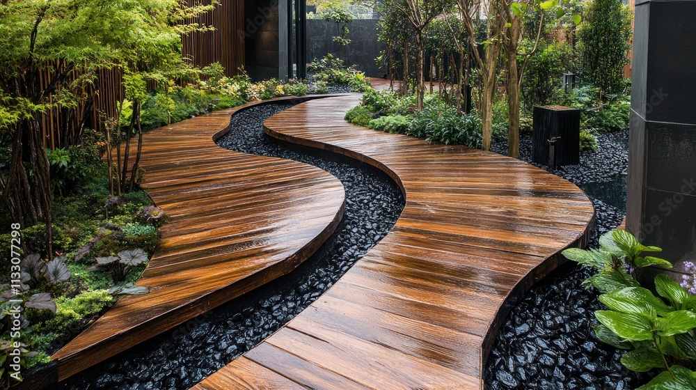 Obraz premium Wet wooden path curves through a lush garden.