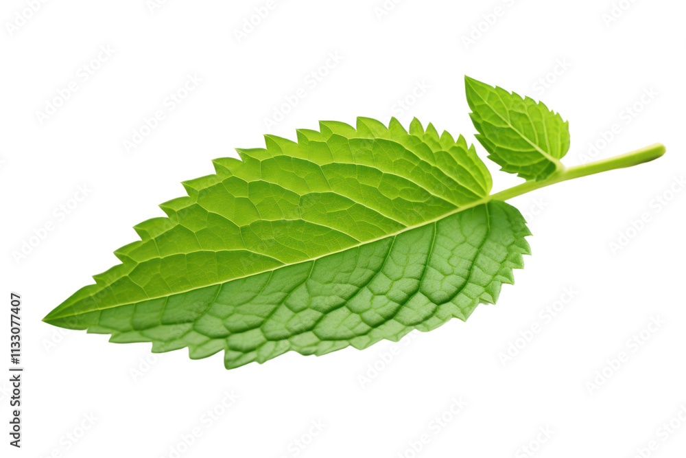 Fototapeta premium A single fresh mint leaf lying flat, displaying its glossy surface and intricate details. The focus is on the natural beauty and vibrant color of the leaf, conveying a sense of purity and freshness.