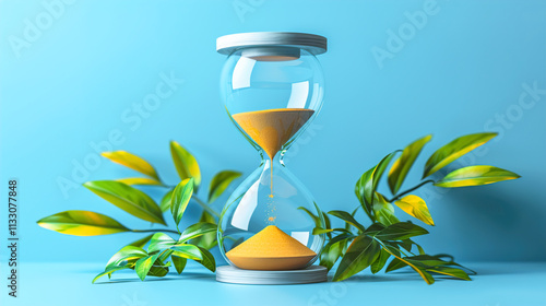 Hourglass as a Symbol of Time Passage with leaves on a soft Sky Blue Background