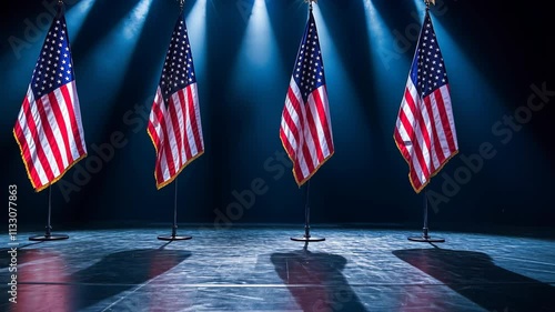 Four american flags on a stage illuminated Poltical convention, stage, by blue spotlights, evoking a sense of patriotism and reverence photo