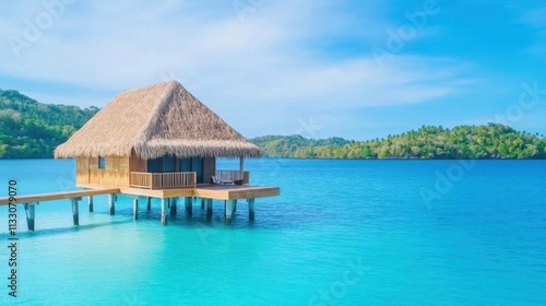 Tranquil Tropical Water Bungalow Overlooking Crystal Clear Ocean and Lush Green Islands Under Bright Blue Sky