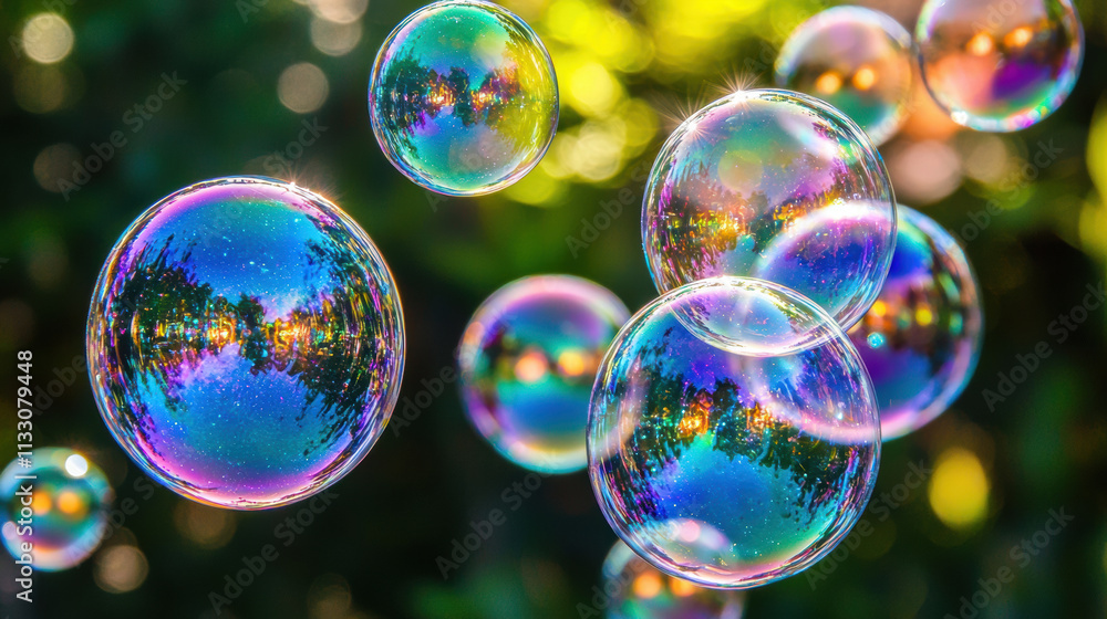 Colorful bubbles floating in dreamy garden, reflecting light and nature beauty Colorful bubbles floating in dreamy garden, reflecting light and nature beauty