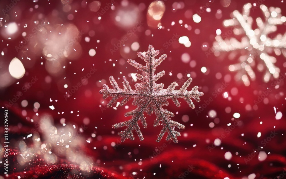Fototapeta premium Shimmering silver snowflakes flying mid-air with sparkling effects, against a rich crimson backdrop