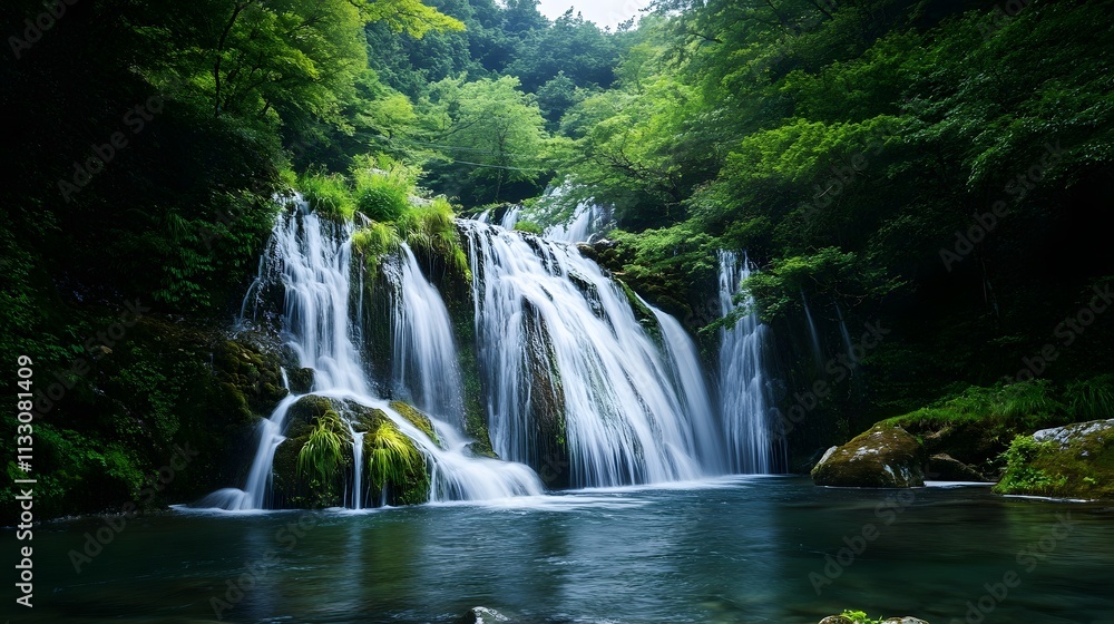 Fototapeta premium A tranquil waterfall flowing through a misty, natural environment.