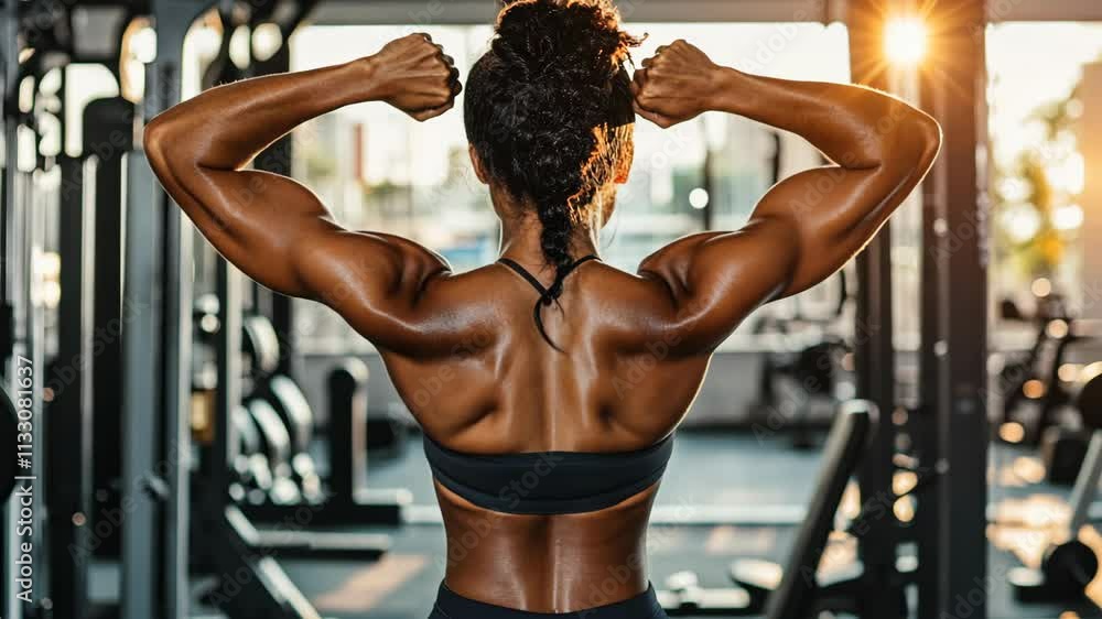 Strong female bodybuilder flexing her back muscles and biceps in a gym ...