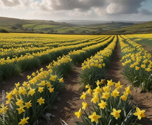 A vast expanse of daffodils stretching across a Cornish field, with the distant sound of birdsong filling the air, wildflowers, yellow flowers, floral fields photo