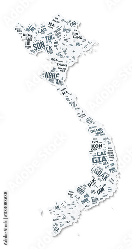 Vietnam shape text cloud. Country border with shadow on white background. Vietnam with regions division in vintage gazette style. Modern vector illustration.