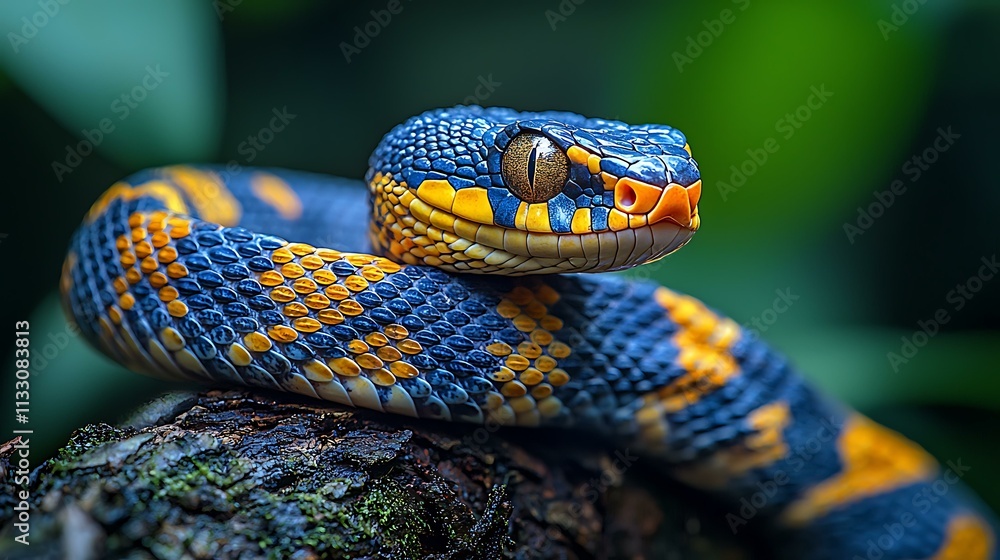 Fototapeta premium small snake on a tree branch with a blurred forest background, ultra-detailed scales