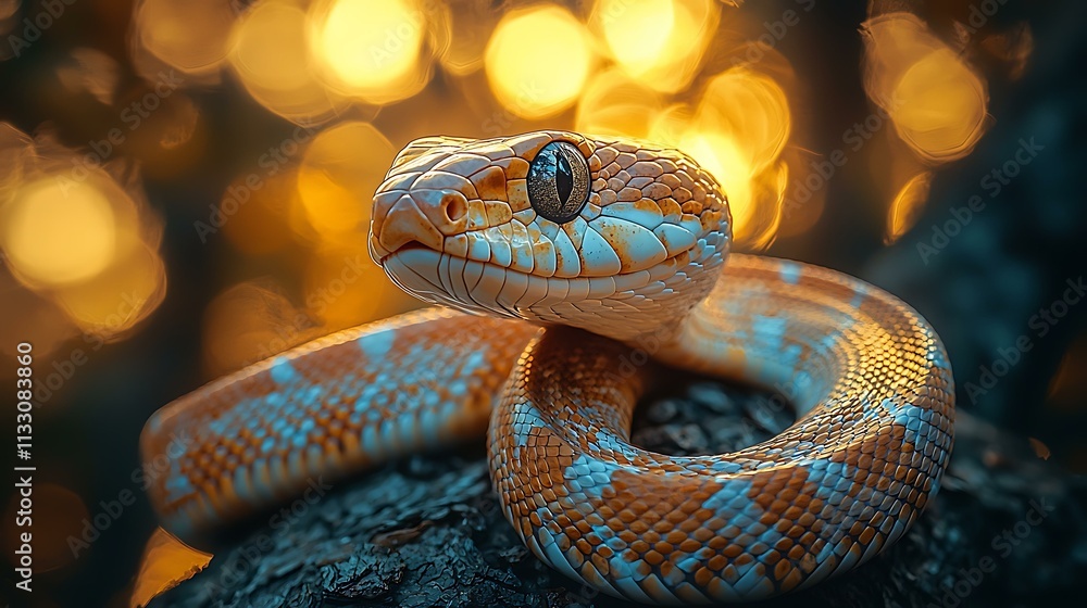 Obraz premium small snake on a tree branch with a blurred forest background, ultra-detailed scales