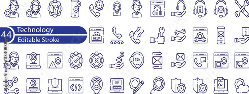 Technology icon set. Contains such icons as ai, robotics, cloud, automation, communication, geolocation icons and more.