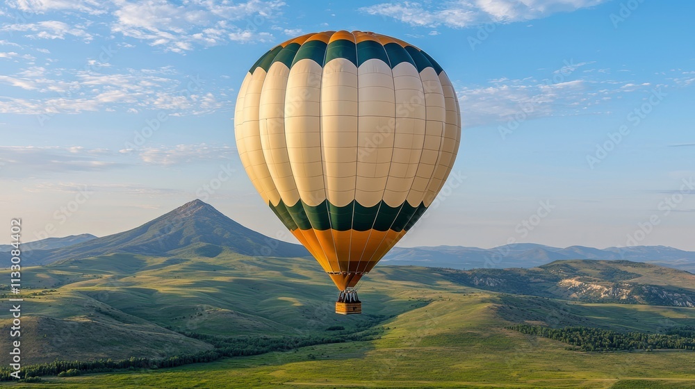 Fototapeta premium Graceful Hot Air Balloon Soaring Over Verdant Rolling Hills