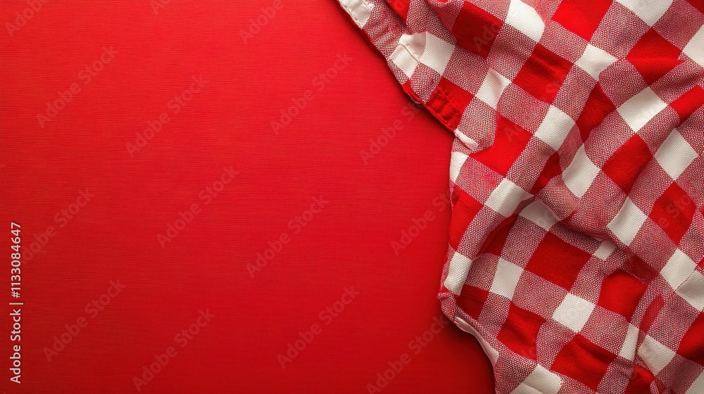 Fototapeta premium Red Checkered Tablecloth on Smooth Surface Ideal for Food Photography