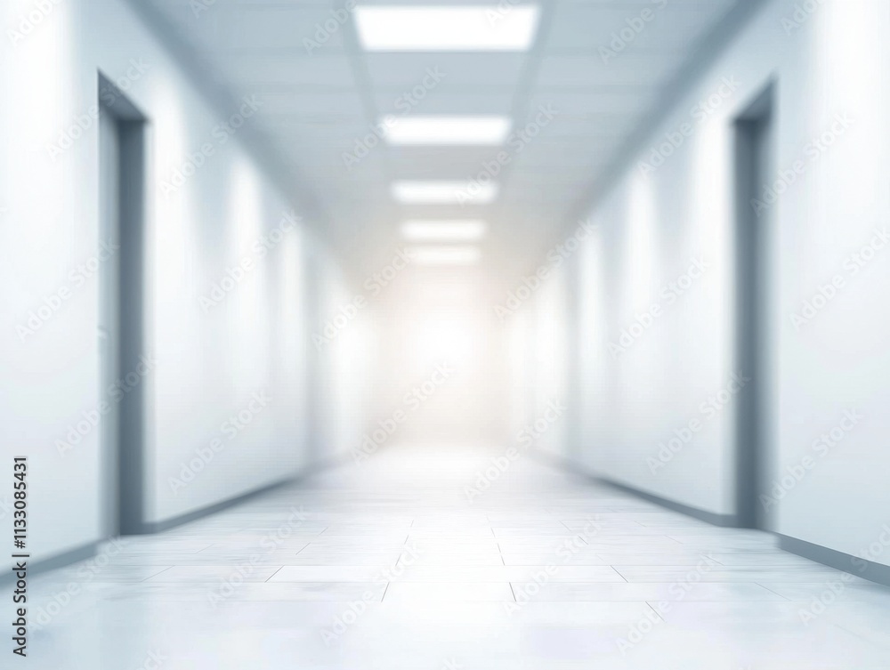 Obraz premium A bright, minimalist hallway with multiple doors, featuring smooth floors and evenly spaced lights, conveying a sense of depth and openness.