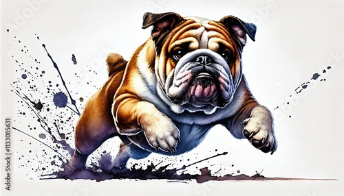 bulldog, dog, attacking pose, animal in watercolor painting, alcohol ink, colorfull illustration, photo