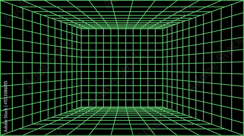 Green 3D Grid Tunnel on Black Background