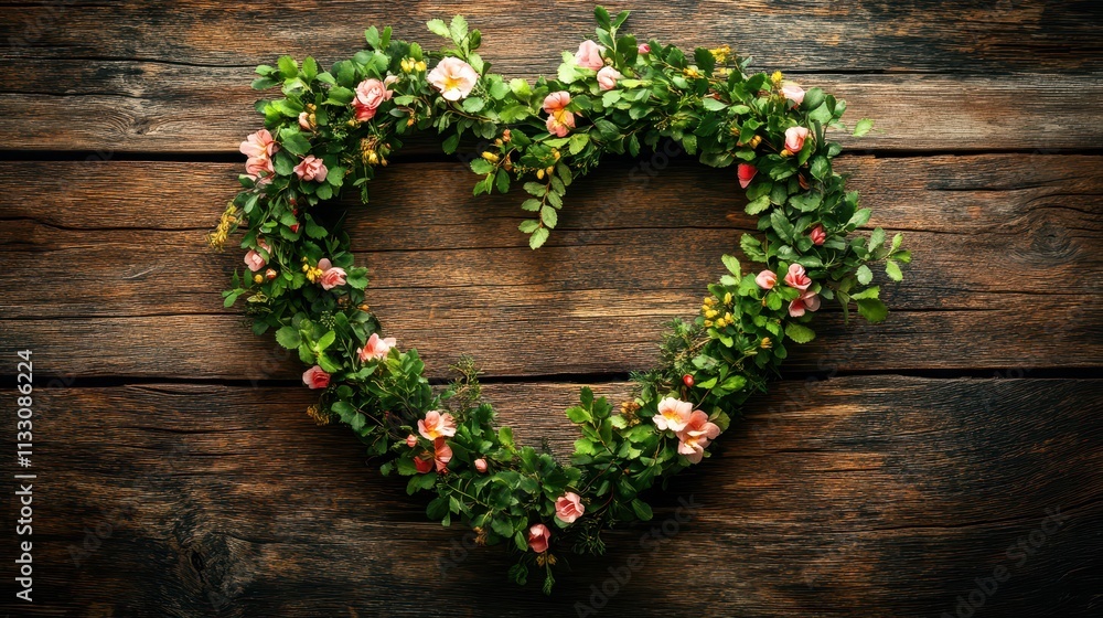 Heart Shaped Wreath of Flowers and Greenery on Wooden Background Heart Shaped Wreath of Flowers and Greenery on Wooden Background