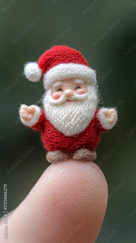 Obraz premium Tiny handcrafted Santa Claus figure stands on a finger, showcasing intricate details of holiday cheer and craftsmanship
