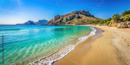 Tsambika Beach: Calm sea, sandy shore. Minimalist Greek island serenity.