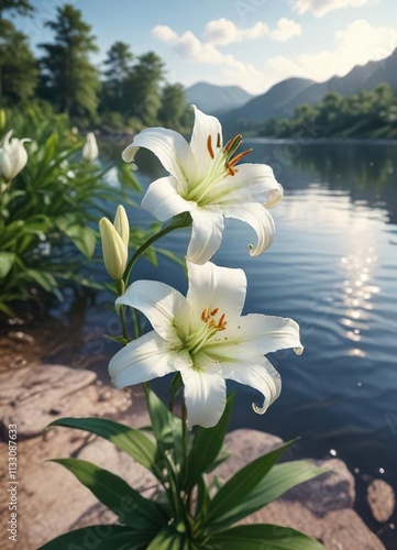 Stunning white lily flower blooming at picturesque Tansa River reservoir, nature reserve, peaceful scenery, picturesque view, aquatic beauty photo