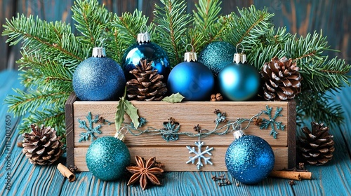 Festive Winter Ornament Arrangement with Pinecones and Greenery photo