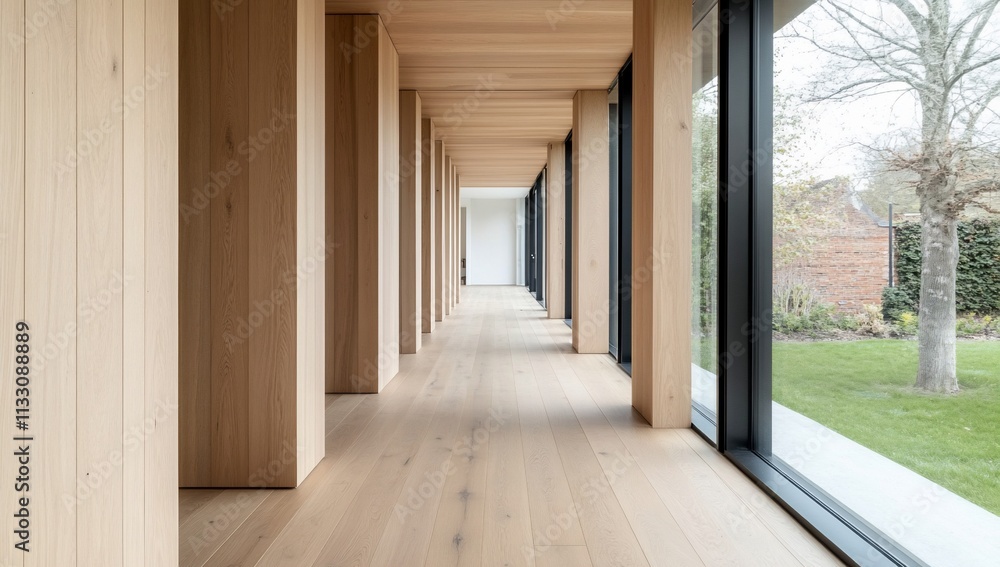 Obraz premium Modern corridor with wooden accents and large windows.