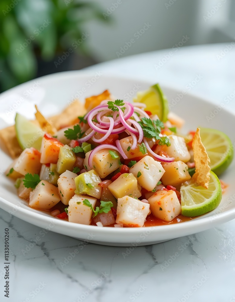 Delicately Composed Plate of Ceviche with Fresh Fish and Shrimp Created with Generative AI Delicately Composed Plate of Ceviche with Fresh Fish and Shrimp Created with Generative AI