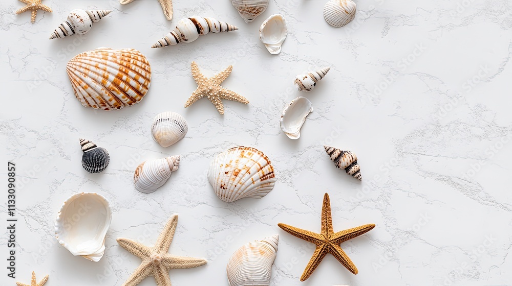 Obraz premium Small seashells and starfish arranged in a flat lay composition evoke a summer beach theme against a white background SEAMLESS PATTERN