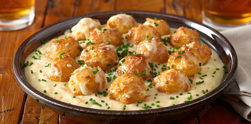 Cheese puffs in creamy sauce, garnished with chives, served on a dark brown platter. Cheese puffs in creamy sauce, garnished with chives, served on a dark brown platter.