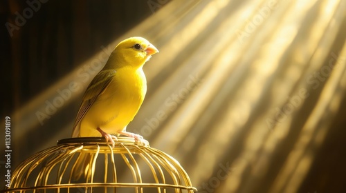 A vibrant yellow canary perches atop its golden cage, bathed in warm sunlight. A serene and captivating scene. photo