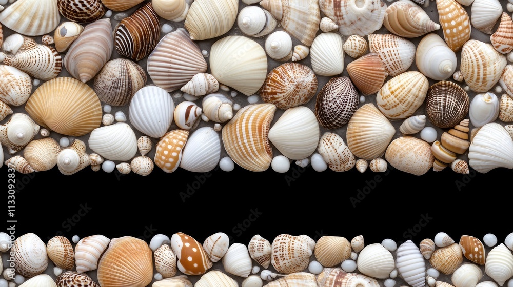 Obraz premium Discover various seashells with intricate textures and colors, beautifully displayed on a soft background, perfect for beach-themed designs SEAMLESS PATTERN