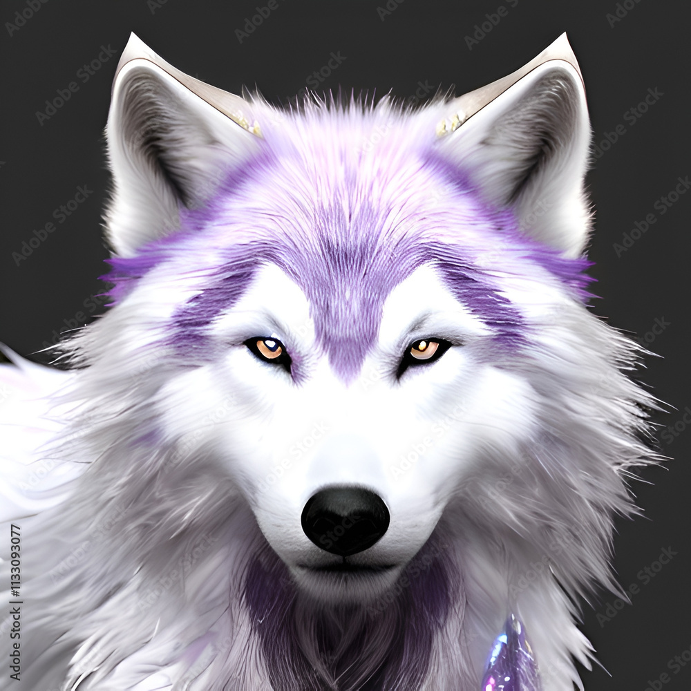 Obraz premium Violet energy in the white wolf, violet energy in the white fox, mythical animal, violet energy power animal