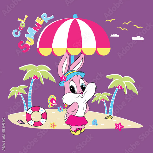 Cute rabbit playing on the beach with coconut trees in a vibrant vector illustration

