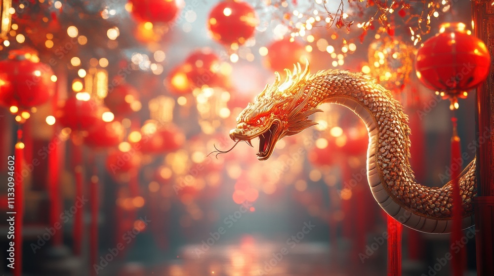 Obraz premium Golden snake slithering through red lanterns for chinese new year celebration enchanting background in a vibrant setting
