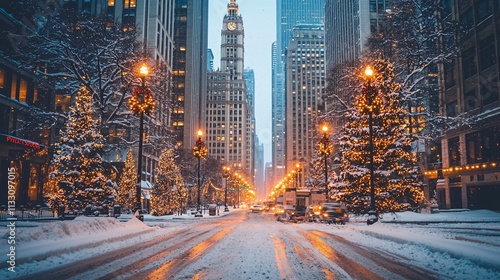 Snowy city street at night with Christmas trees and lights.