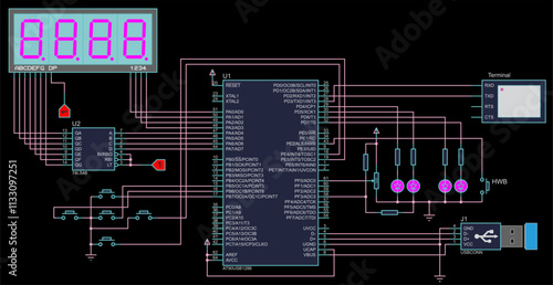 Vector electrical schematic diagram of digital usb
information output device,
operating under control of microcontroller.
Drawing of electronic device.
Computer technic cad sheme with lcd display,
usb