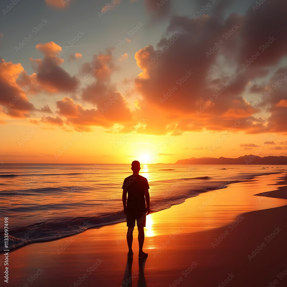 Silhouette standing on beach watching tranquil sunset generated by AI Silhouette standing on beach watching tranquil sunset generated by AI