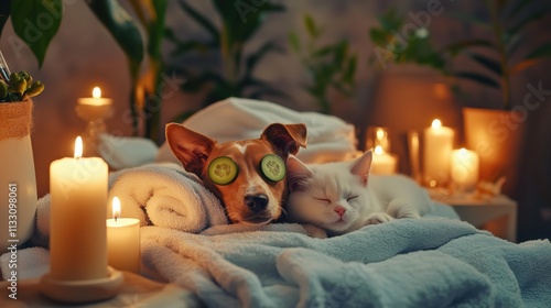 A serene spa-themed setting with a dog and cat lying on a towel, cucumber slices on its eyes, surrounded by lit candles and soft towels.