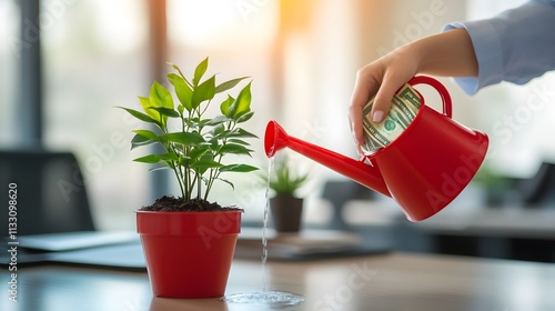 Watering Plant With Money Growing Investment Concept photo