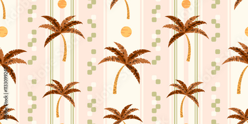 Palm tree and sun with striped  vertical border seamless pattern. Summer vacation concept print design. 