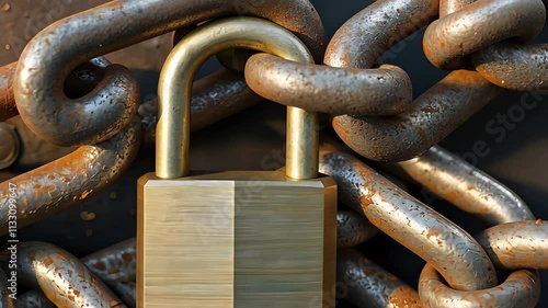 Close-Up of a Brass Padlock Securing Thick Rusty Chains in Detailed Industrial Setting

 photo