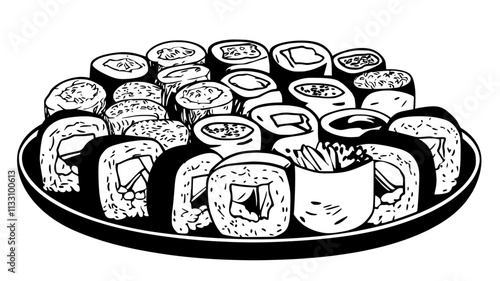 Assorted sushi rolls on a wooden board with visible fillings and toppings, Food Illustration