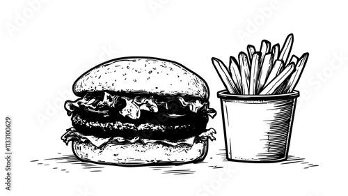 Beef patty on a bun with lettuce, tomato, onions, and pickles on a plate, Food Illustration