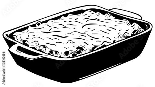 Baked ziti with pasta under a cheese topping, resting on a flat surface, Food Illustration