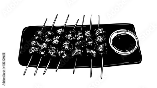 Beef kebabs displayed on a long plate, aligned with dipping sauce, Food Illustration
